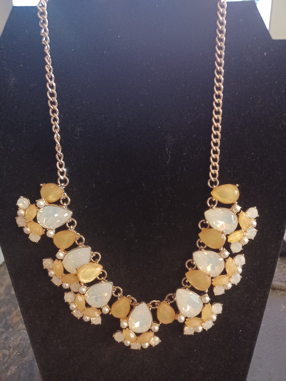 Gold-Tone Yellow and White Gemstone Statement Necklace 16".